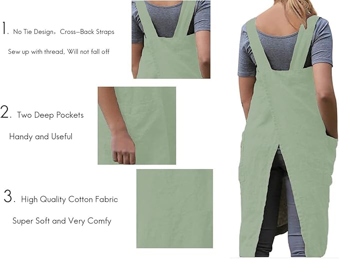 WROLEM Women's Practical Cross Back Pinafore Apron with Large Pockets Home Kitchen,Restaurant,Coffee House,Cooking,Gardening