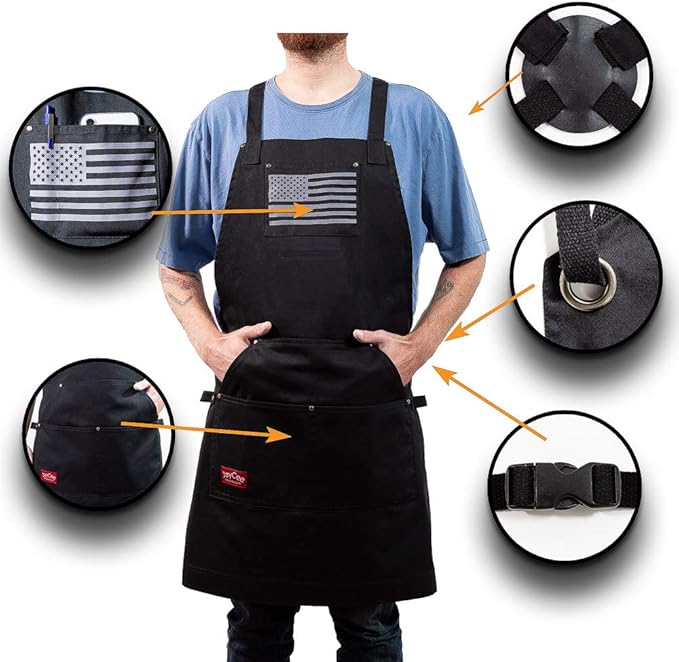 JayCee Apron for BBQ, Grill, Chef, Hobby and Workshop, 5 Pockets, Cross-Back, 2 Tool/Towel Loops, 10 oz Cotton, Great Gift