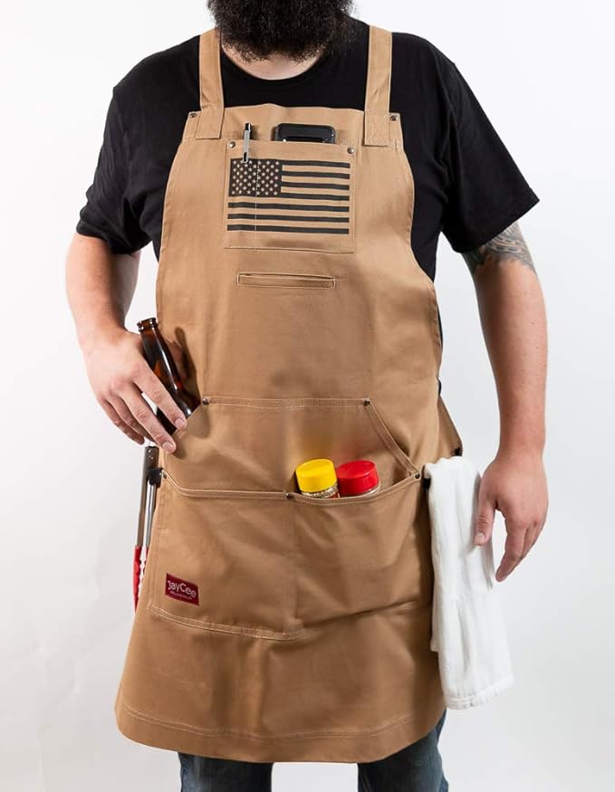 JayCee Apron for BBQ, Grill, Chef, Hobby and Workshop, 5 Pockets, Cross-Back, 2 Tool/Towel Loops, 10 oz Cotton, Great Gift