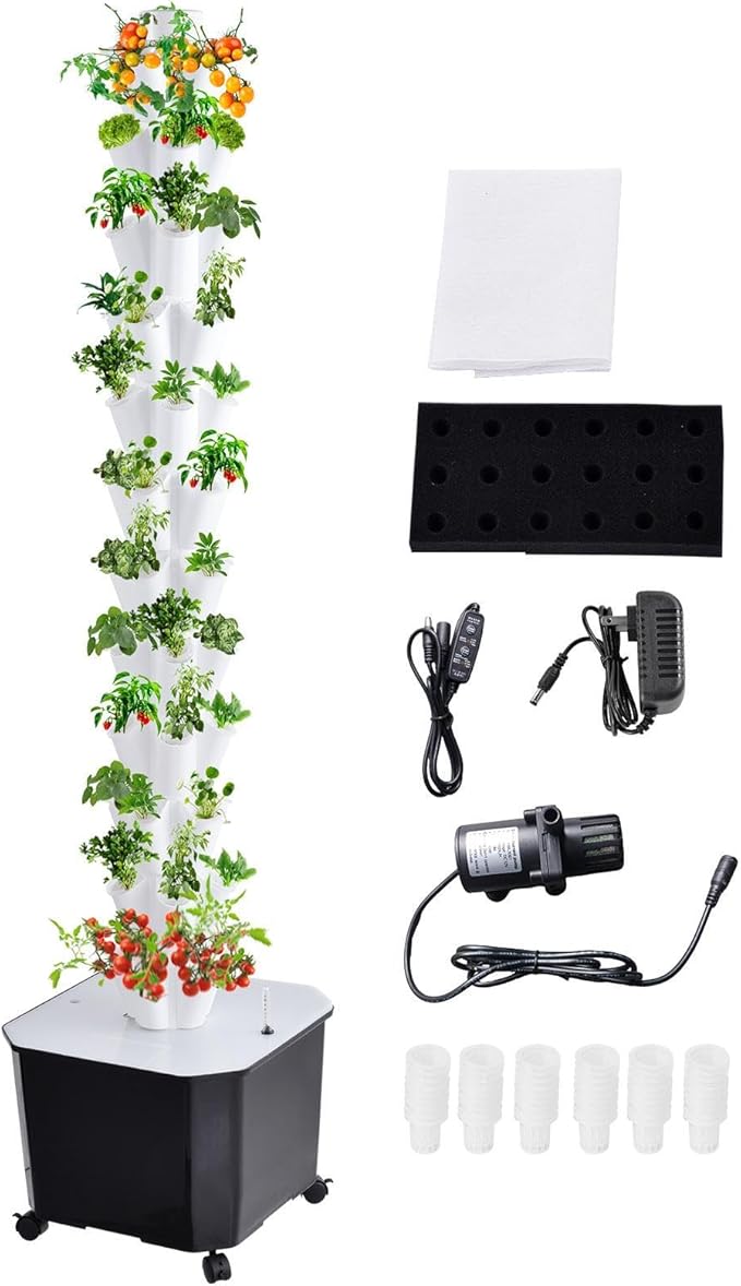 10 Tier 50 Plant Sites Hydroponic Garden Tower Vertical Planting Kit – Large Tank Indoor Outdoor HerbVegetable Garden System with Automatic Water Circulation Timer for Lettuce Tomatoes Fruits