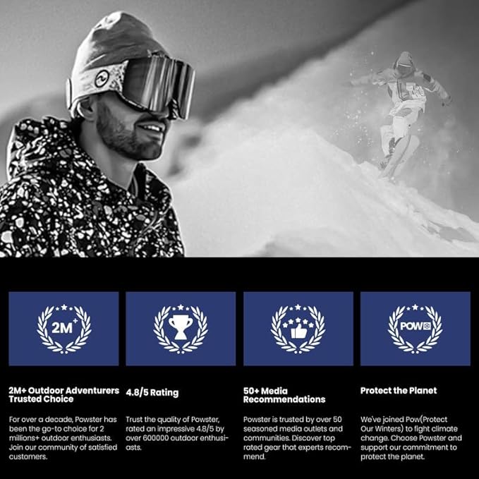 Powster Ski Goggles Snow OTG Snowboard Goggles Magnetic Interchangeable Lens Frameless UV Protection Anti-fog mobile Skating