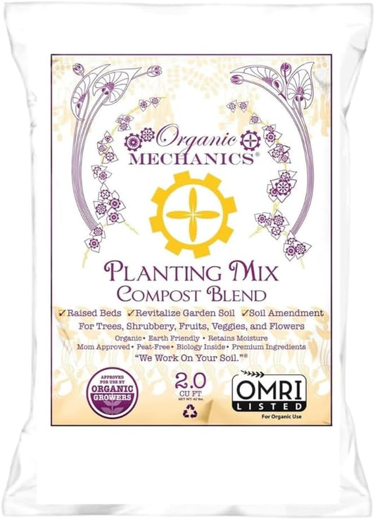 Organic Mechanics Planting Mix Compost Blend, 2 Cu Ft - Revitalizes Garden Soil with Compost, Pine Bark, Coconut Coir, and Worm Castings for Raised Beds, Gardens & More - Peat-Free & Eco-Friendly