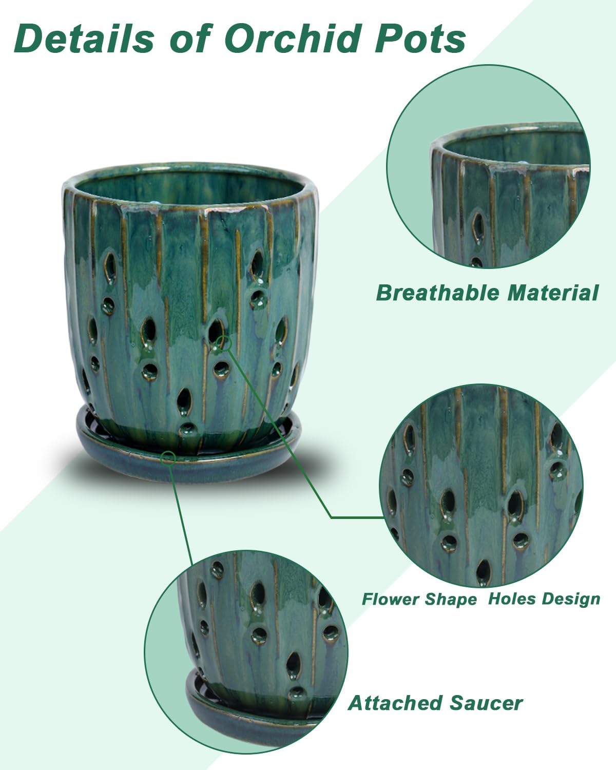 vensovo 6 Inch Ceramic Orchid Pot - Orchid Pot with Holes for Repotting, Ceramic Planter with Saucer for Indoor/Outdoor Plants, Green