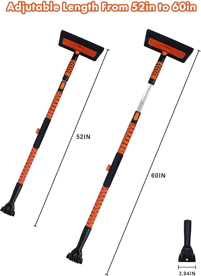 E-SDS 60” Snow Broom Ice Scraper Bendable Snow Remover for Cars with 12.2” Foam Head, Extendable Snow Brush for Car, Truck and SUV (Orange and Black)