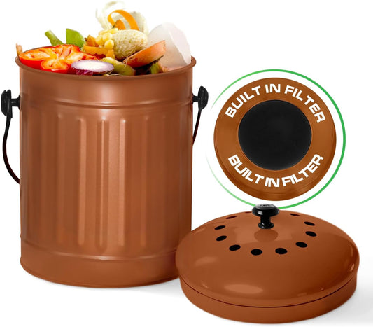 Plexon Countertop Compost Bin Kitchen Indoor, with Lid, Copper 1.5 Gallon Odorless Kitchen Compost Container, Steel Food Bucket Pail with Charcoal Filter, Bronze