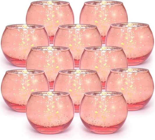 Volens Round Rose Gold Votive Candle Holders, Mercury Glass Tealight Candle Holder Set of 12