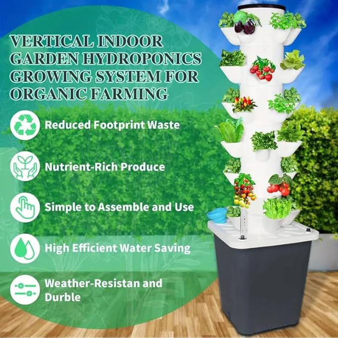 Hydroponic Growing System Outdoor Indoor Vertical Garden Home Gardening System Vertical Garden Planter with Pump and Movable Water Tank Vegetable Plant Gift for Gardening Lover Black (30-Plant)