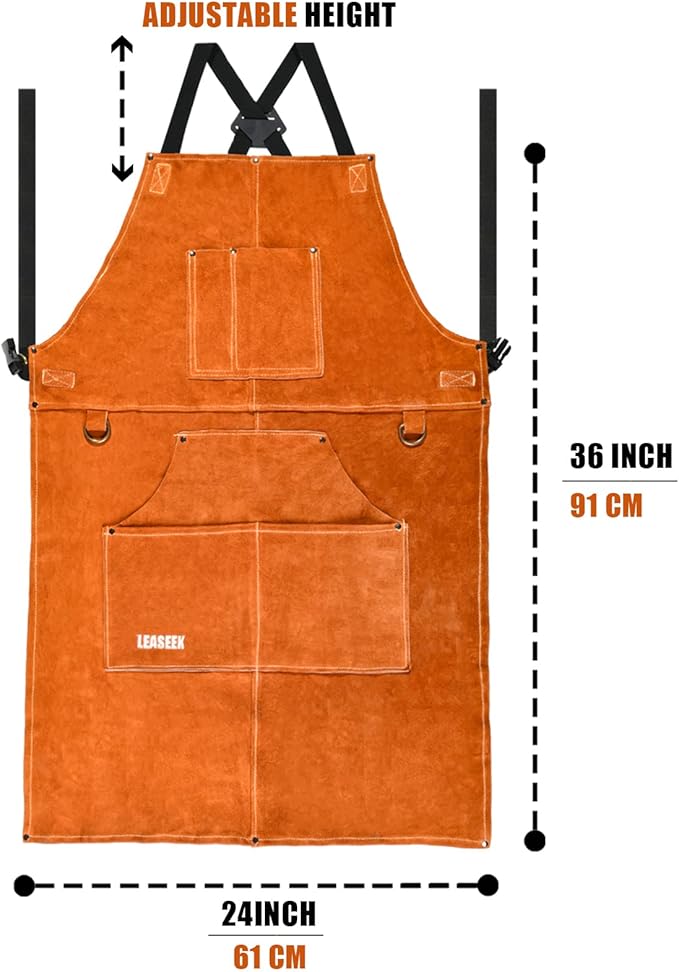 LeaSeek Leather Welding Apron - Flame and Heat Resistant Bib Apron with 6 Pockets