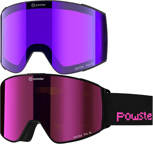 Powster Ski Goggles Snow OTG Snowboard Goggles Magnetic Interchangeable Lens Frameless UV Protection Anti-fog mobile Skating