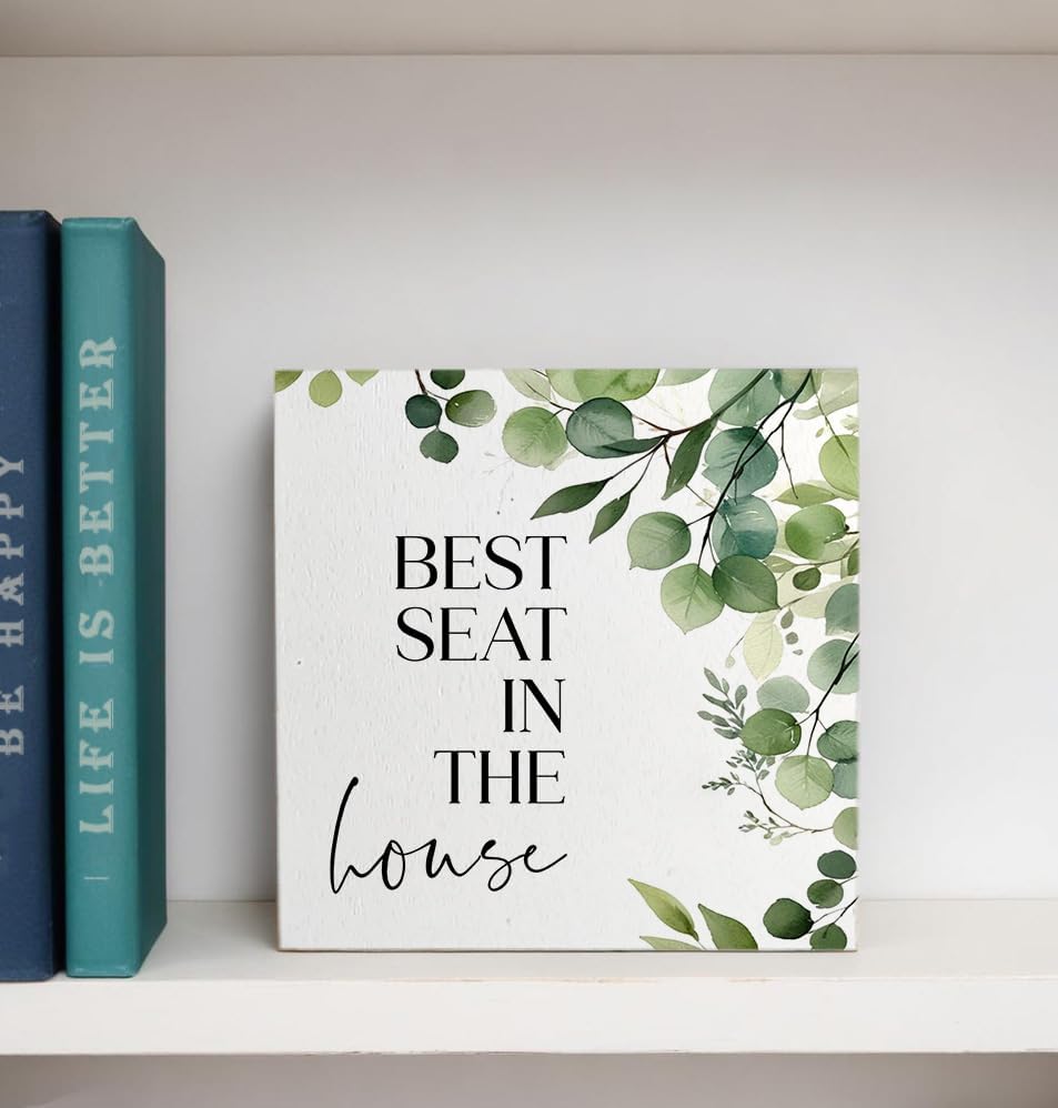 Funny Bathroom Signs, Best Seat in the House Wooden Box Sign, Eucalyptus Botanical Wood Signs Plaque for Restroom Washroom Toilet Counter Shelf Table Decor, 5x5 Inch