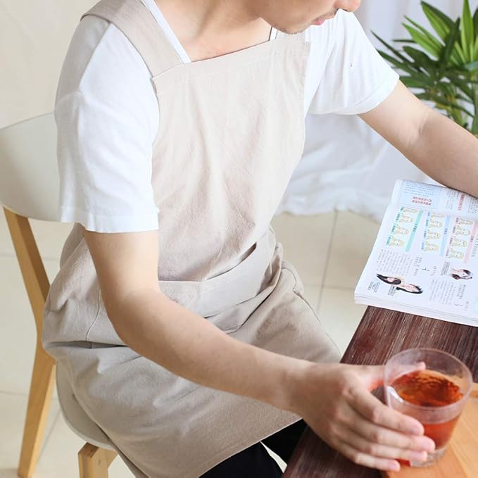 Japanese Style Linen Cotton Cross Back Pinafore Apron with Pockets for Women Ladies Men Chef Kitchen Cooking Baking