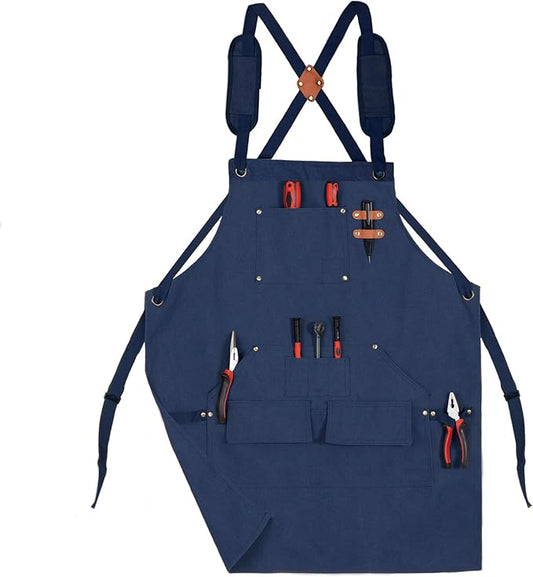 Tosewever Work Aprons for Men with Large Pockets, Canvas Cross Back Heavy Duty Adjustable Tool Aprons for Chef Cooking BBQ