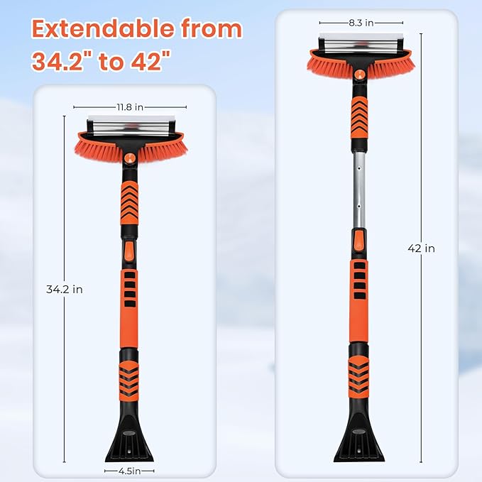 3in1 Snow Brush and Ice Scraper for Car Windshield,42'' Extendable Heavy Duty Snow Broom Vehicle Snow Removal Tool for Car SUV Trucks (42 inch)