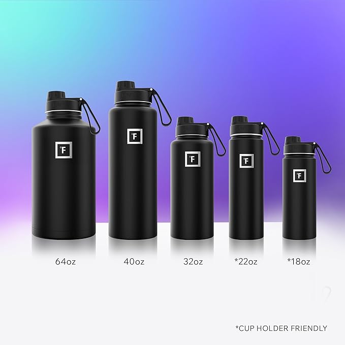 IRON °FLASK Camping & Hiking Hydration Flask with Spout, Wide Mouth Insulated Stainless Steel Sports Water Bottle - 40 oz Midnight Black