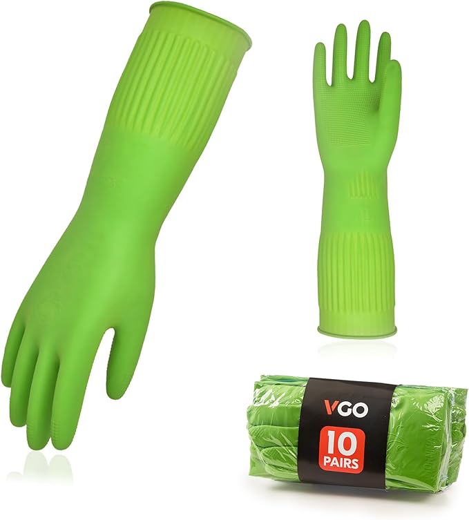 Vgo... 10-Pairs Reusable Long Sleeve Thick Latex Dishwashing Gloves - Cleaning, Washing, Working, Painting, Gardening, Pet Care (Size M, Green, RB2143)