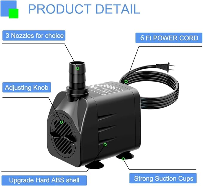 Fountain Pump 400GPH Submersible Water Pump Ultra Quiet for Fountain, Pond, Aquarium, Hydroponic with 6ft power cord