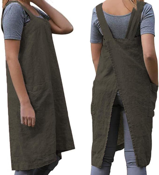 WROLEM Women's Practical Cross Back Pinafore Apron with Large Pockets Home Kitchen,Restaurant,Coffee House,Cooking,Gardening