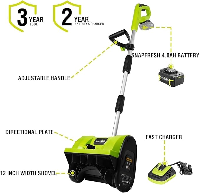 SnapFresh 20V Cordless Snow Shovel, 12” Electric Snow Thrower Kit w/Adjustable Handle & Directional Plate, Lightweight Battery-Powered Snow Blower for Driveway, 4.0Ah Battery & Fast Charger Included