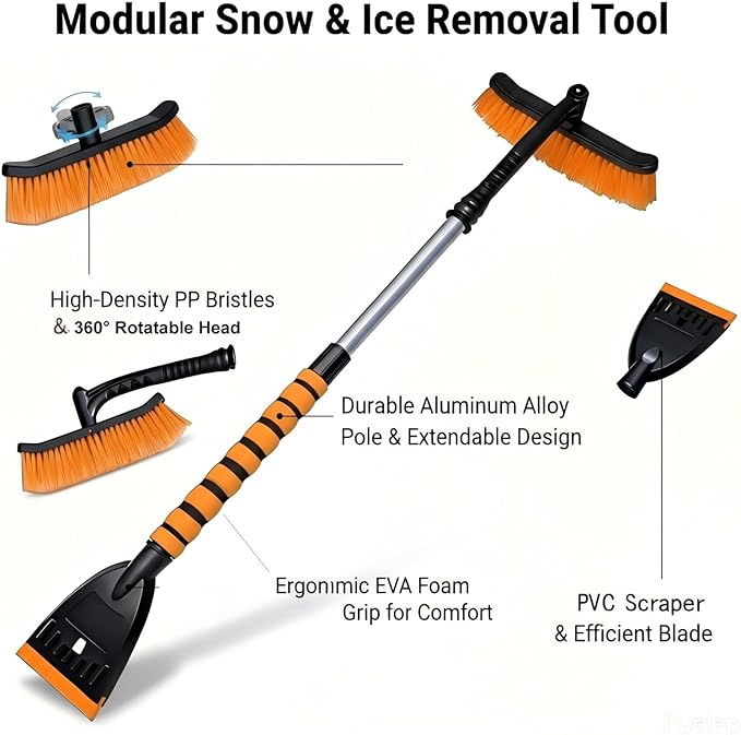 Snow Brush and Ice Scrapers for Car Windshield, 360° Pivoting Brush Head Detachable Snow Scrapers with Ergonomic Foam Grip;36inch Extendable Snow Brushs for Car，SUV and truck,Orange,Car Accessories