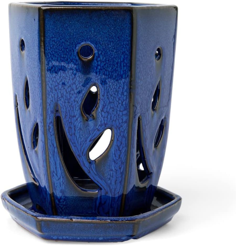 rePotme 4 x 6 inch Hexagon Ceramic Orchid Pot with Holes (Midnight Blue) - Ideal Plant Pot for Repotting Orchids and Other Flowers - Indoor/Outdoor