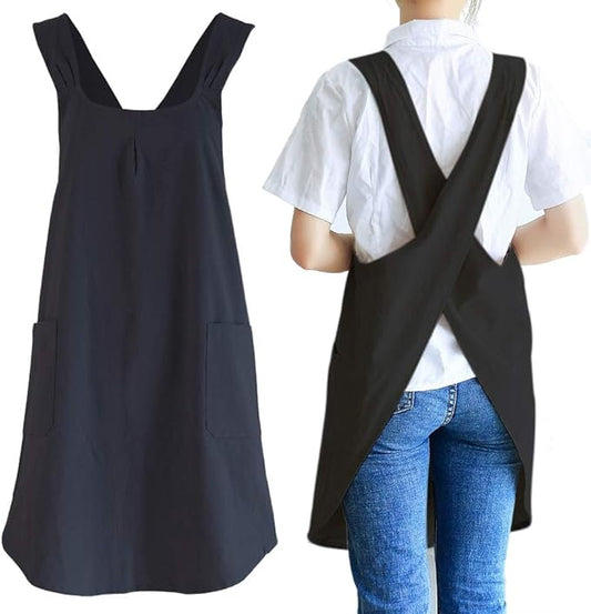 Japanese Style Linen Cotton Cross Back Pinafore Apron with Pockets for Women Ladies Men Chef Kitchen Cooking Baking