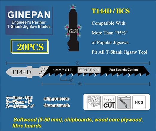 Jigsaw Blades T Shank 20PCS T144D with Case, Compatible with Bosch Dewalt Black and Decker Jig Saw Blades Set for Wood, 4 in. 6 TPI Straight & Very Fast Cuts