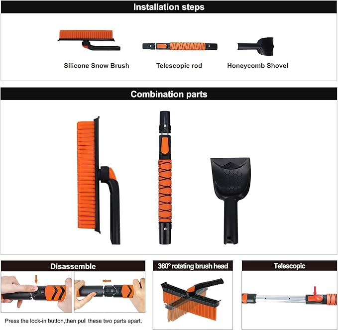 Eazy2hD 3 in 1 Silicone Snow Brush with Ice Scrapers, 39.37" Extendable Window Ice Removal with Squeegee for Windshield, 360° Pivoting Brush Head Cleaner Tool for Car, Truck, SUV