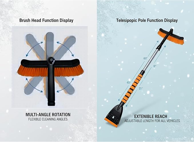 Snow Brush and Ice Scrapers for Car Windshield, 360° Pivoting Brush Head Detachable Snow Scrapers with Ergonomic Foam Grip;36inch Extendable Snow Brushs for Car，SUV and truck,Orange,Car Accessories
