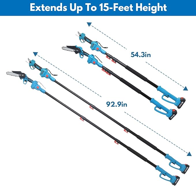 4-in-1 Cordless Pole saw Pruning Set, Electric Pruning Shears & 6 Inch pole saws for tree trimming with 8ft Max Extension Pole, Two 20V 2.0Ah Batteries, Electric Pole Saw Tree Trimming Kit