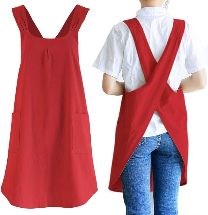 Japanese Style Linen Cotton Cross Back Pinafore Apron with Pockets for Women Ladies Men Chef Kitchen Cooking Baking
