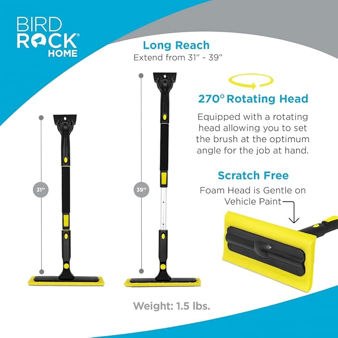 BIRDROCK HOME 39" Extendable Car Snow Brush with Detachable Wide Ice Scraper | 14" Foam Head for Windshield & Paint Safety | Lightweight Body, Ergonomic Grip | Ideal for Cars SUV & Small Trucks Yellow