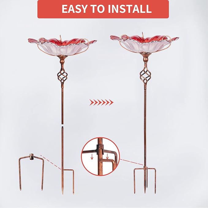 MUMTOP 31 Inch Height Glass Birdbath Birdfeeder with Metal Stake Garden Yard Outdoor Red