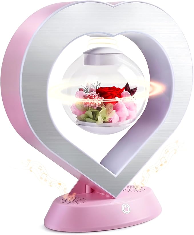 LoveLin Heart Preserved Rose Flowers with Bluetooth Speakers, 5W Pink Magnetic Levitation Table Lamp with Variable Color LED Light, Unique Forever Flower Gift for Women, Girls, Mother and Grandma