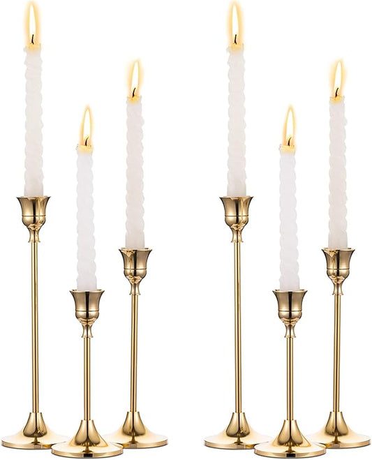 2 Sets(6 Pcs) Brass Gold Metal Taper Candle Holders Candlestick Holders, Vintage Modern Decorative Centerpiece Candlestick Holders for Table Mantel Wedding Housewarming Gift