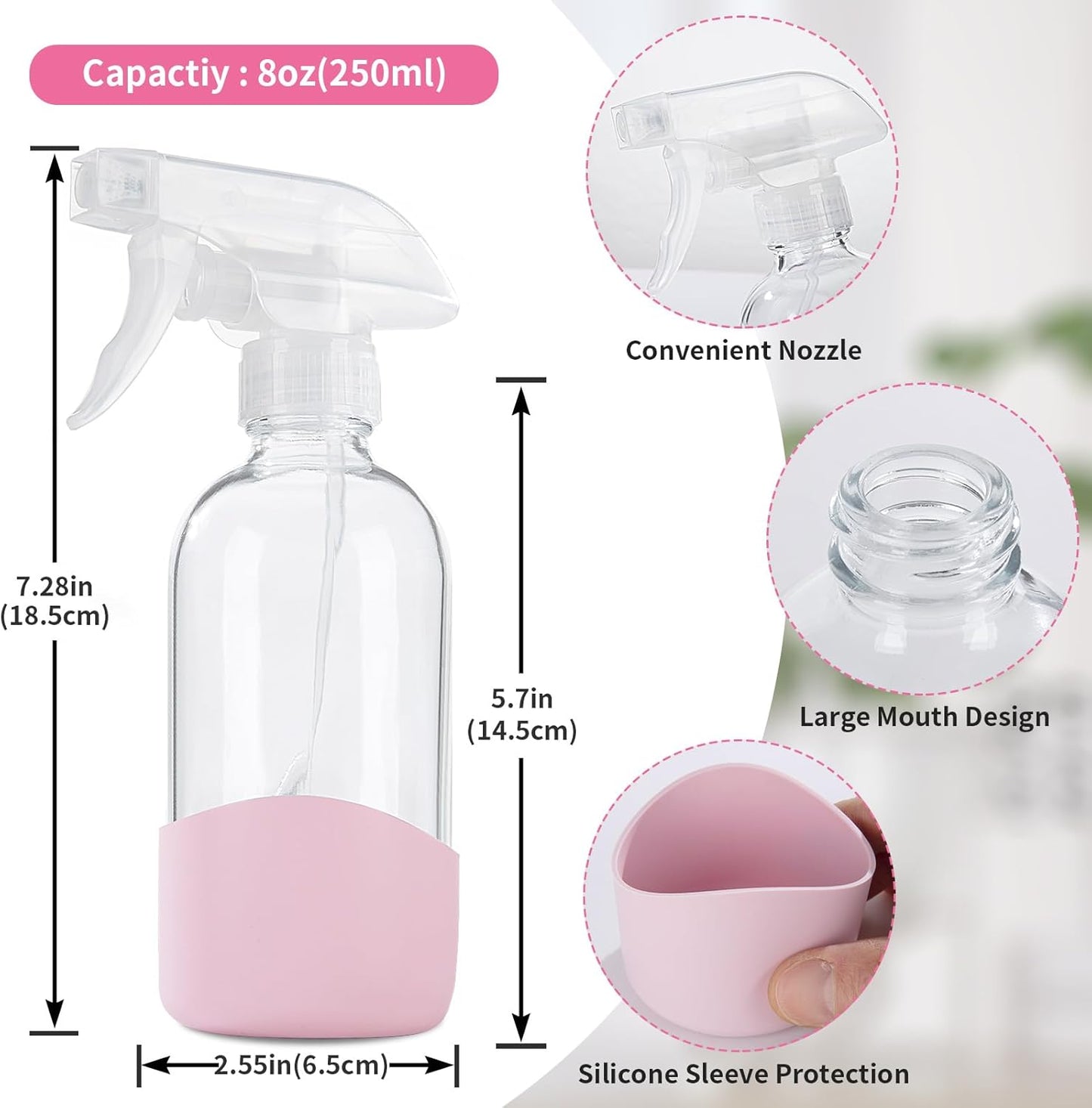 HOMBYS 8 Oz Empty Clear Glass Spray Bottles with Silicone Sleeve Protection Refillable Containers for Cleaning Solutions, Essential Oils, Misting Plants - Quality Sprayer - 1 Pack Boston Bottles