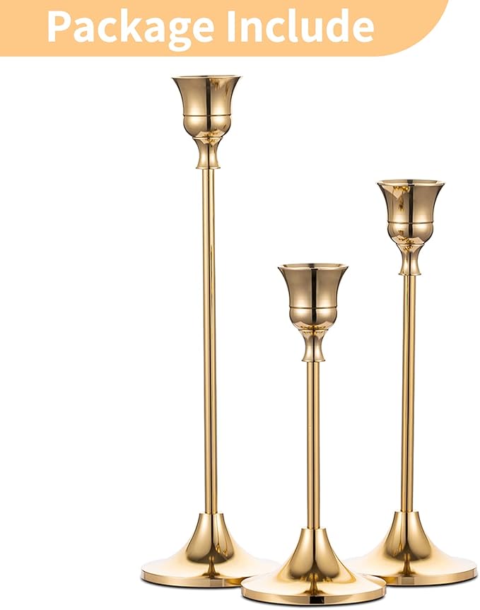 Candlestick Holders Taper Candle Holders, Set of 3 Candle Stick Holders Set, Brass Gold Candlestick Holder Set, Vintage Modern Decorative Centerpiece for Table Mantel Wedding Housewarming Gift