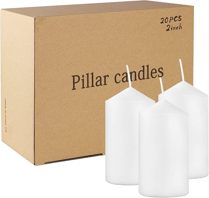 20 Pcs Bulk Long Burning Wax Pillar Candles 2" x 4" Dripless Unscented Smokeless for Wedding Party Spa Lantern Fireplace Home(White)