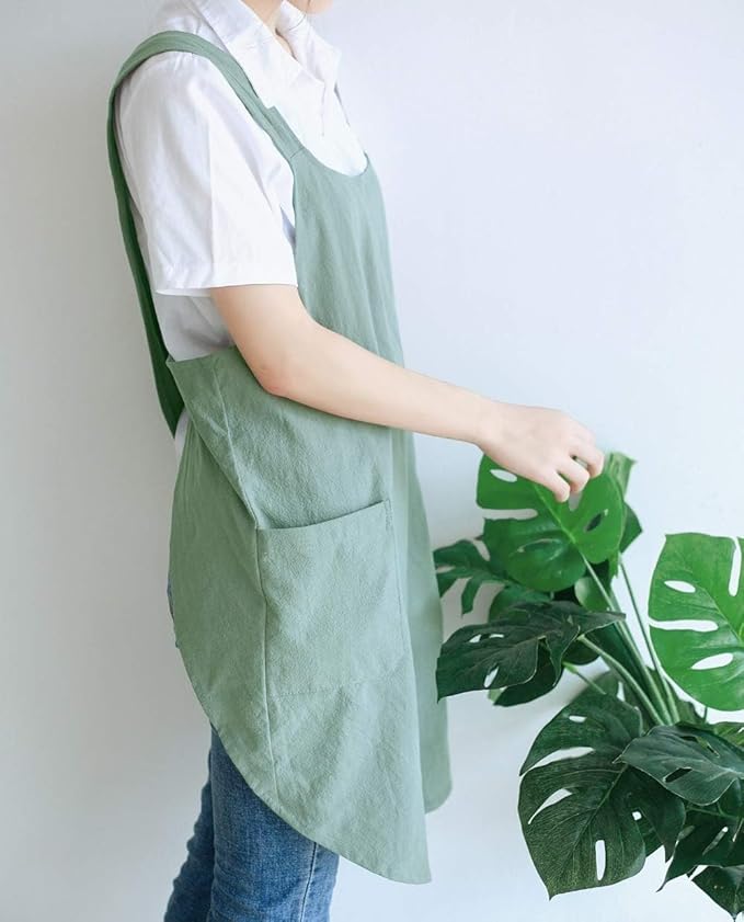 Japanese Style Linen Cotton Cross Back Pinafore Apron with Pockets for Women Ladies Men Chef Kitchen Cooking Baking