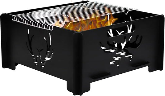 16.5 inch Portable Fire Pit with BBQ Grill for Collapsible Plug Fire Pit Suitable for Camping, Picnics, Courtyards, Garden Bonfires and Outdoor Firewood with Storage Bag (Square S-16.5in)
