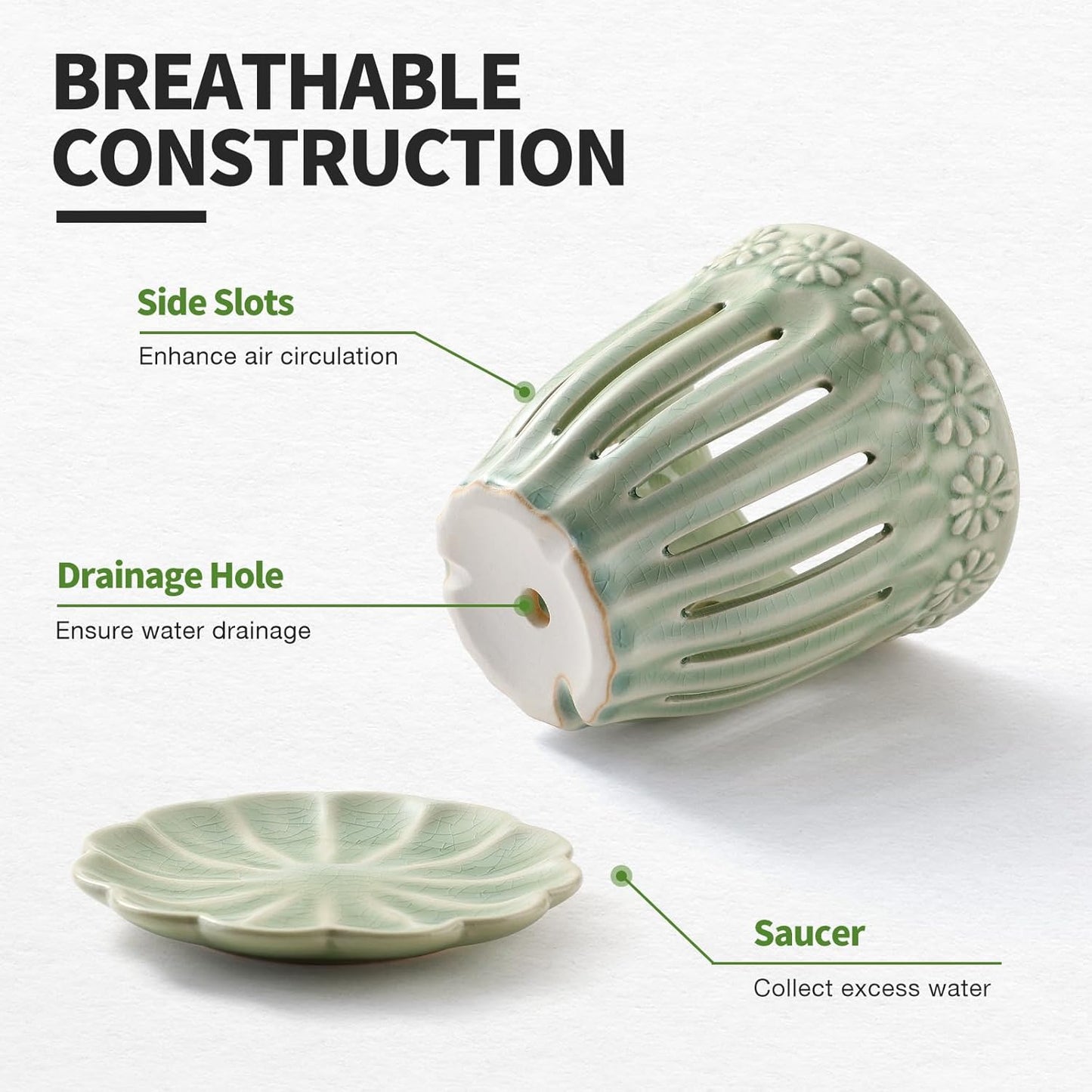 5" Ceramic Orchid Pots with Holes | Crackle Glazed Orchid Pot with Drainage and Separate Saucer | Ideal Plant Pot for Repotting Orchids and Other Flowers(Green)