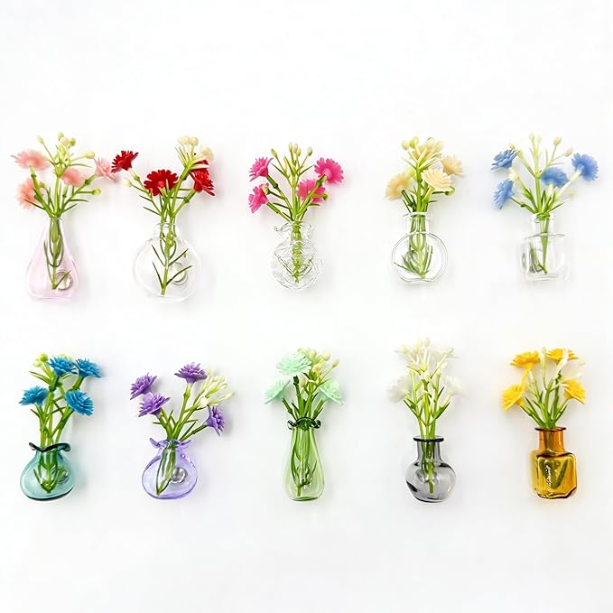 10pack Cute Mini Vase Magnets for Fridge, Tiny Magnetic Glass Vases Refrigerator Accessories, Real Flowers Pot Magnet, Funny Aesthetic Plant Pot Locker Office Kitchen Decoration, Small Magnet Bud
