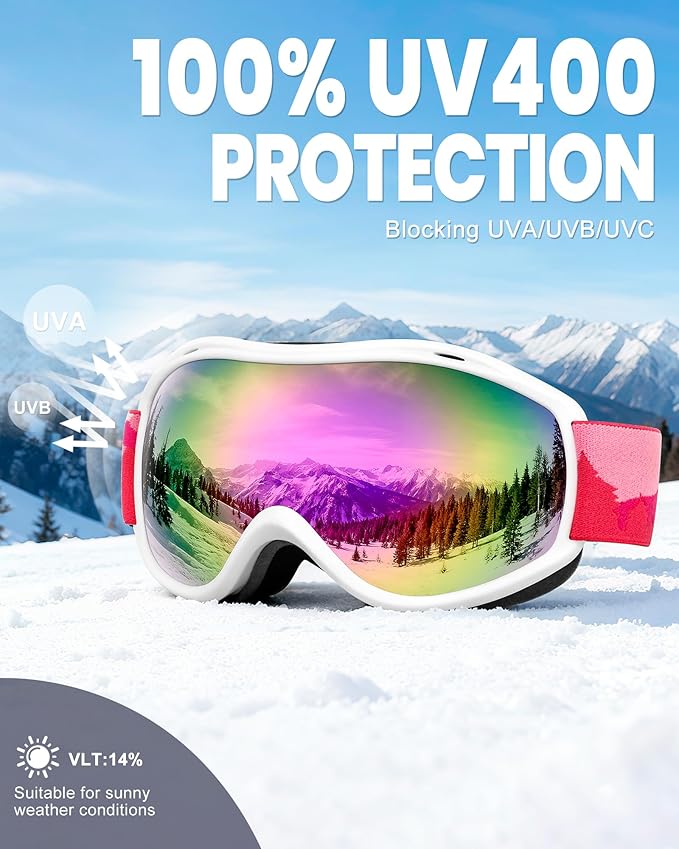 AVV Ski Goggles UV Protection, Anti-Fog Snowboard Snow Goggles OTG for Men Women Adults & Youths
