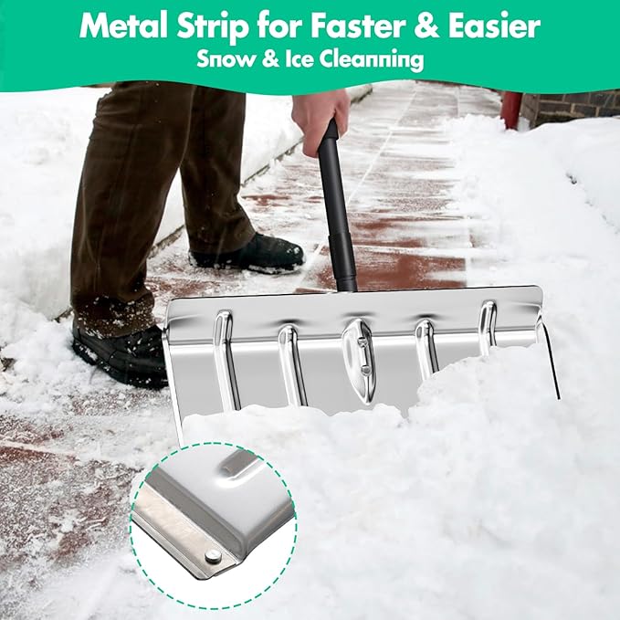 Snow Shovel with Metal Strip, Heavy Duty 16” Wide Aluminum Metal Snow Shovel Pusher for Driveway,Lightweight Emergency Car Snow Shovels for Walkway,Decking,Deck, Driveway