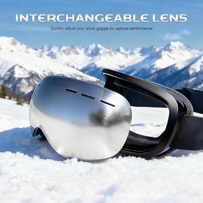 Ski Goggles - REVO Anti-Fog Lens, UV400 Protection, TPU Frame, for Men & Women (Silver & Gray Lens)