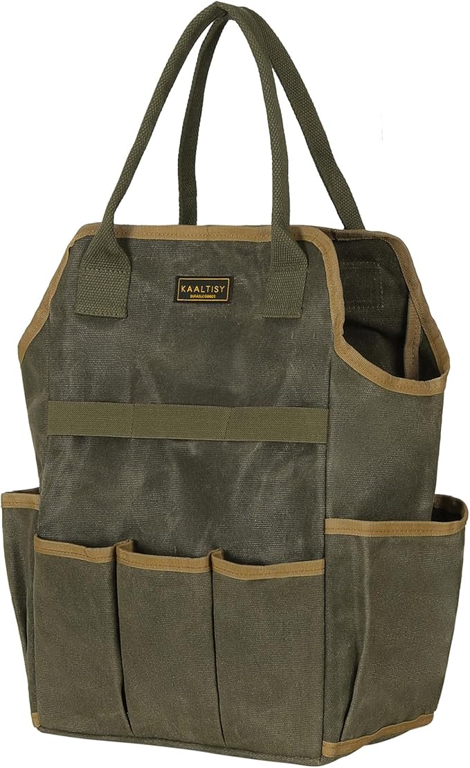 Tool Bag, Heavy Duty 16oz Waxed Canvas Garden Tool Tote - with 3 Inner Slots & 8 Outer Pockets, Multi-Purpose Gardening Tool Storage Bag for Gardener Florist Workshop - Army Green