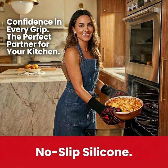 BBQ & Grill Gloves, Oven Gloves, 1472°F Silicone Oven Mitts Heat Resistant Grilling Gloves Fireproof Non-Slip for Barbecue Cooking Baking Smoking, 1-Pair Red（L）