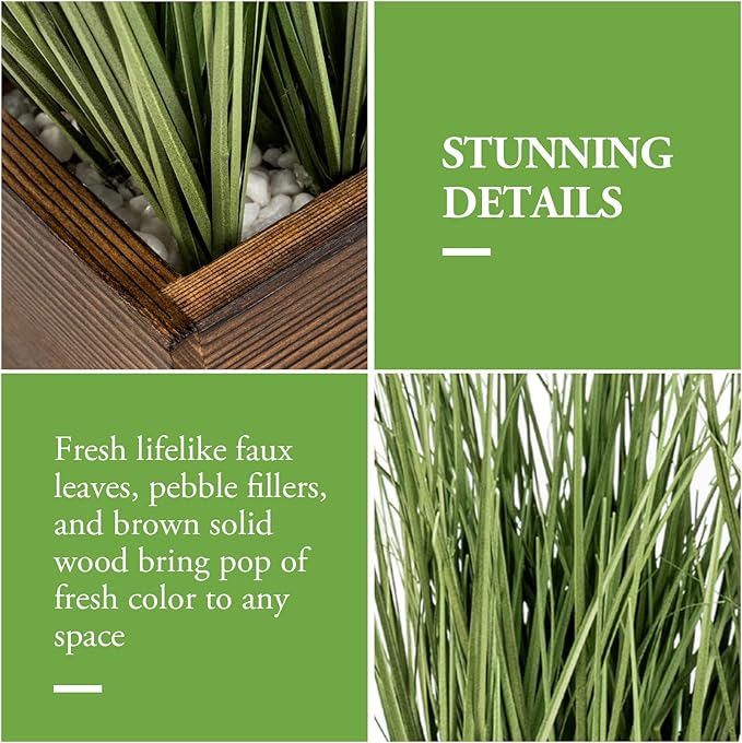 MyGift Artificial Green Grass Plants Trio in Rustic Burnt Solid Wood Planter Boxes, Faux Greenery in Decorative 4 Inch Square Wooden Containers, Set of 3