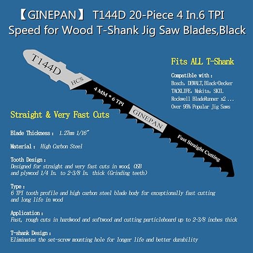 Jigsaw Blades T Shank 20PCS T144D with Case, Compatible with Bosch Dewalt Black and Decker Jig Saw Blades Set for Wood, 4 in. 6 TPI Straight & Very Fast Cuts