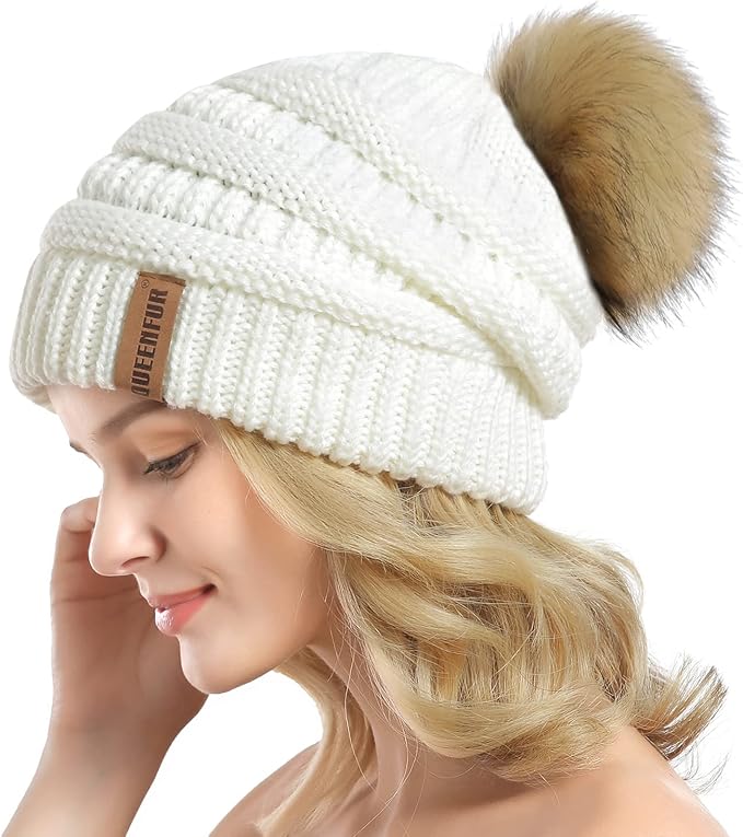 QUEENFUR Women Knit Slouchy Beanie Chunky Baggy Hat with Faux Fur Pompom Winter Soft Warm Ski Cap