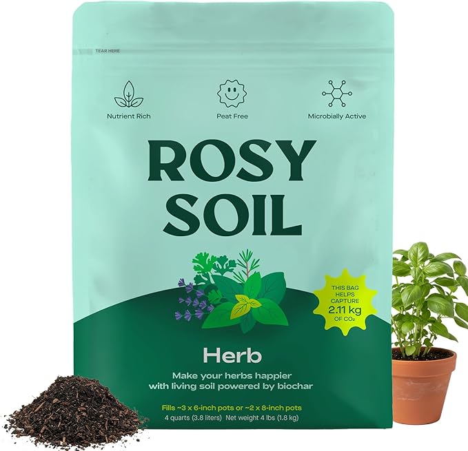 Rosy Soil Herb Mix - Organic Potting Mix for Herbs - Enriched with Biochar, Worm Castings for Root Development, Nutrient Uptake, and Strong Flavor - Fast Draining, Peat Free, Less Prone to Gnats - 4qt